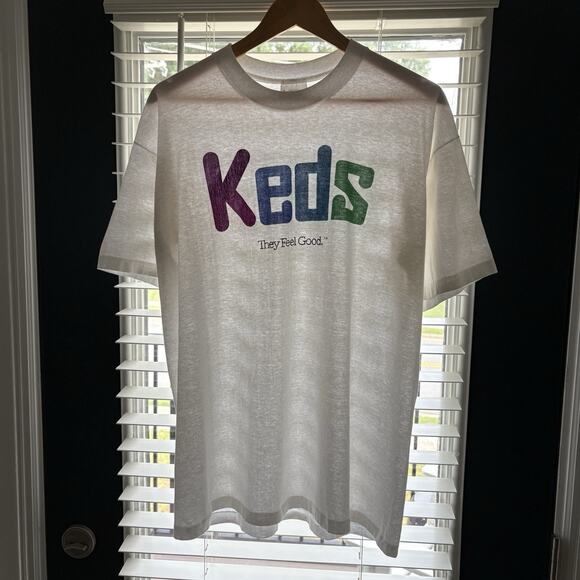 Vintage Paper Thin T-Shirt Men's Size XL Keds Sneaker 1980s White BURNOUT - Picture 1 of 6
